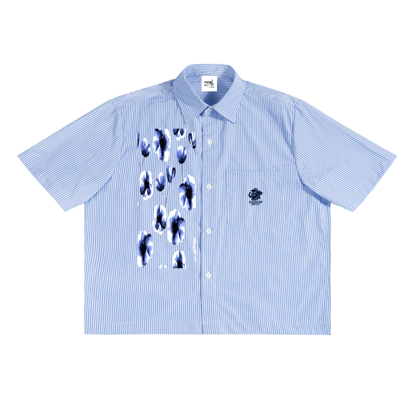 Blue Stripe Button Up,Unisex Short Sleeve Shirt,Summer Streetwear Shirt,The BAE Collection,Lightweight Graphic Shirt,Cropped Button Down,TOTB EATS Apparel,Cultural Statement Shirt,Pinstripe Streetwear,Bold Back Print Shirt