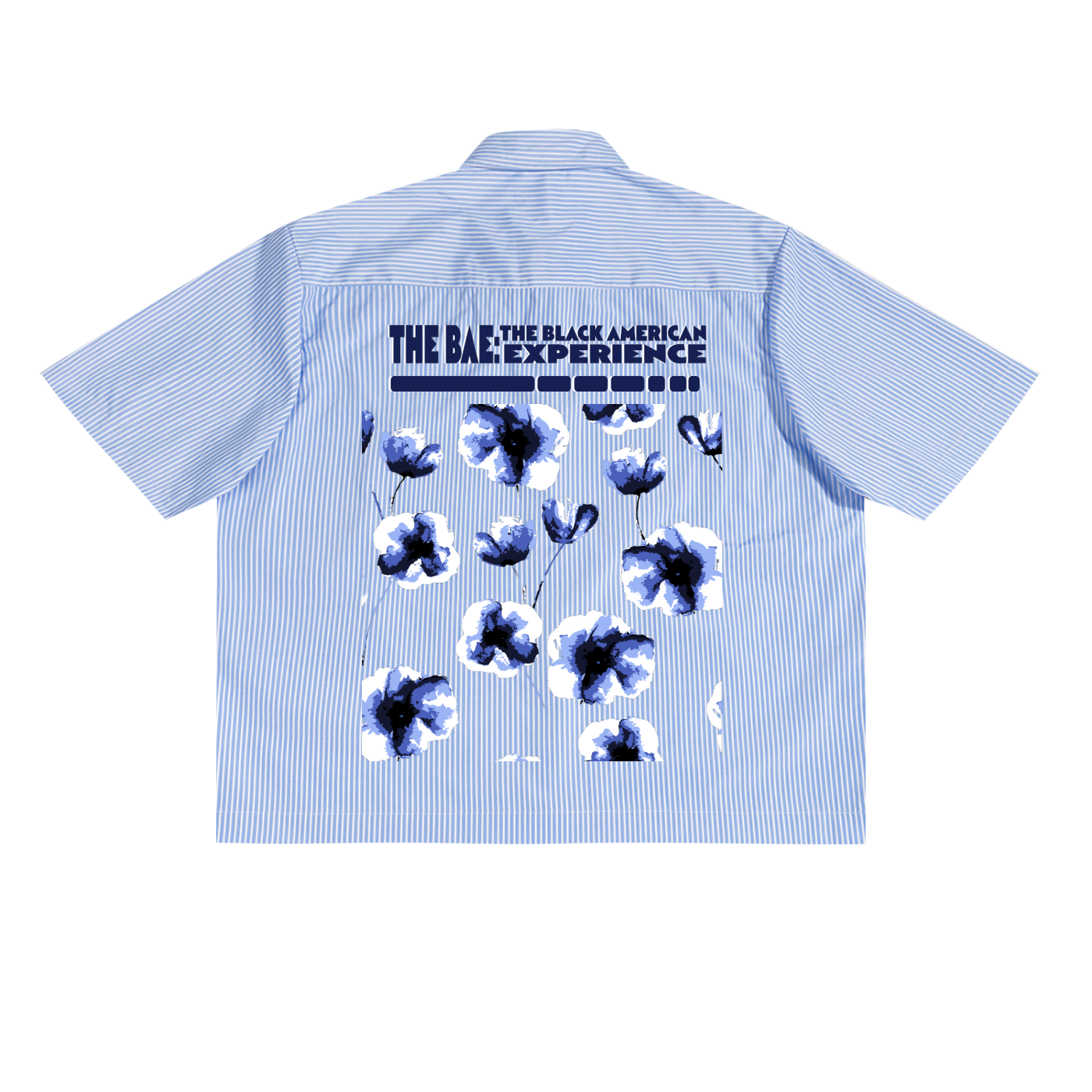 Blue Stripe Button Up,Unisex Short Sleeve Shirt,Summer Streetwear Shirt,The BAE Collection,Lightweight Graphic Shirt,Cropped Button Down,TOTB EATS Apparel,Cultural Statement Shirt,Pinstripe Streetwear,Bold Back Print Shirt