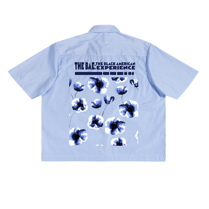 Blue Stripe Button Up,Unisex Short Sleeve Shirt,Summer Streetwear Shirt,The BAE Collection,Lightweight Graphic Shirt,Cropped Button Down,TOTB EATS Apparel,Cultural Statement Shirt,Pinstripe Streetwear,Bold Back Print Shirt