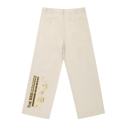 BAE Cotton Pants,Straight Leg Streetwear Pants,Unisex Mid Waist Trousers,The BAE Collection,TOTB EATS Apparel,Floral Graphic Pants,Cream Wide Leg Pants,Cultural Streetwear Bottoms,Office to Street Fit,Soft Heritage Streetwear