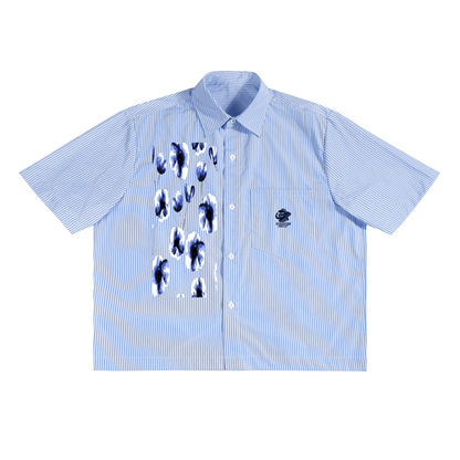 Blue Stripe Button Up,Unisex Short Sleeve Shirt,Summer Streetwear Shirt,The BAE Collection,Lightweight Graphic Shirt,Cropped Button Down,TOTB EATS Apparel,Cultural Statement Shirt,Pinstripe Streetwear,Bold Back Print Shirt